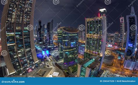Dubai International Financial Center Skyscrapers Aerial Night Timelapse