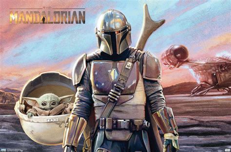 Star Wars The Mandalorian Mando And The Child With Ship Wall Poster