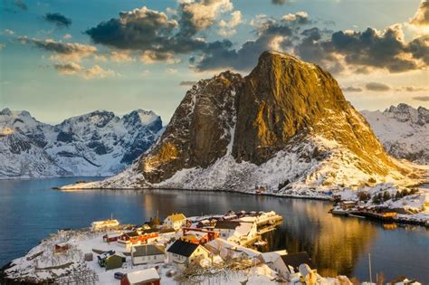 Norway Lofoten Mountains Houses Winter Bay Village Snow Hd