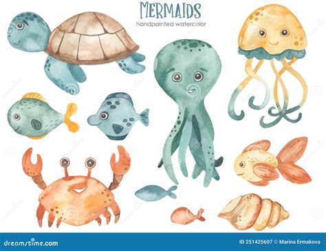 Watercolor Clipart With Underwater Creatures Sea Animals Sea Turtle