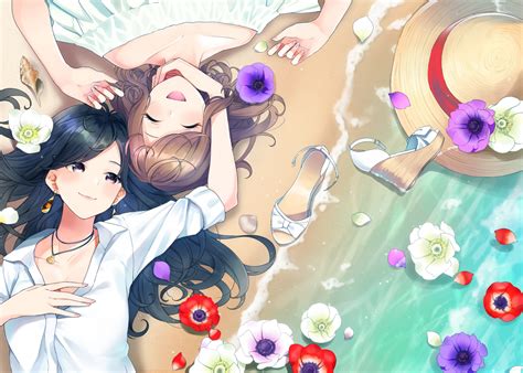 2girls beach black hair brown hair flowers long hair necklace original purple eyes retsuna short