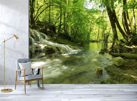 Waterfall Wall Mural Forest Wallpaper River Wallpaper Large Etsy