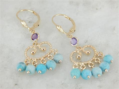 Turquoise Bead And Amethyst Filigree Chandelier Earrings Feather
