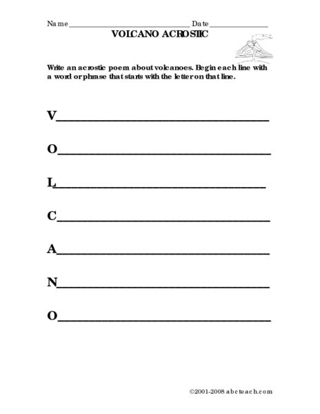 Volcano Acrostic Worksheet For 2nd 3rd Grade Lesson Planet