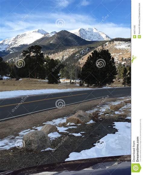 Snow Capped Mountain Peaks And Road Stock Photo Image Of Road Blue