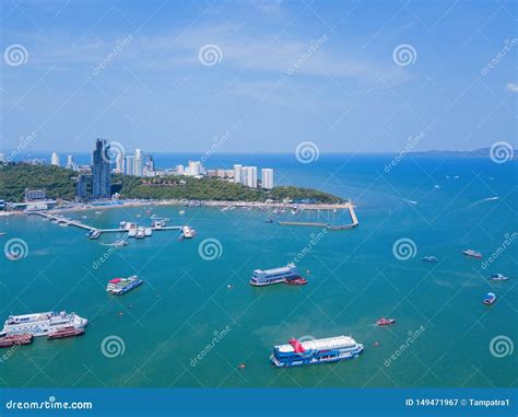 Aerial View Of Boats In Pattaya Sea Beach In Summer And Urban City