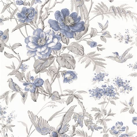 Chinoiserie Bird In Rose Bush Blue Taupe Wallpaper