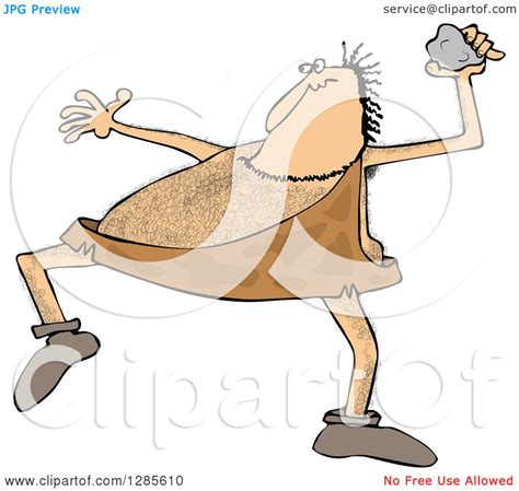 Clipart Cartoon Of A Hairy Caveman Throwing A Rock Royalty Free