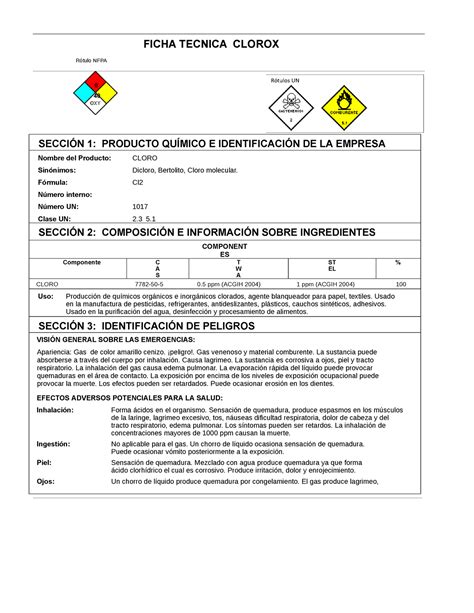 Ficha Tecnica Y Hoja Seguridad Clorox Pdf Ficha Tecnica Y Hoja E The