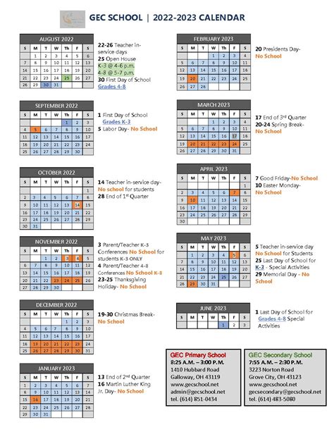 2022 2023 School Year Calendar Gec School