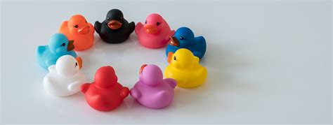 Group Of Nine Different Colored Ducks In A Circle Facing Each Other