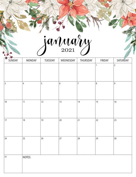 Floral January 2021 Calendar Templates Printable 2020