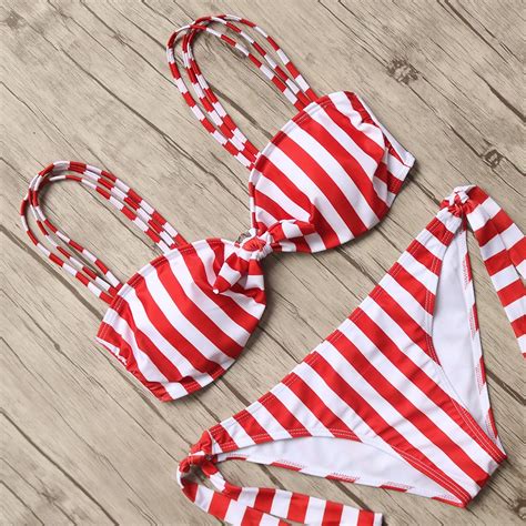 Red And White Striped Bikini Sexy Tie Knot Swimsuit Push Up Women