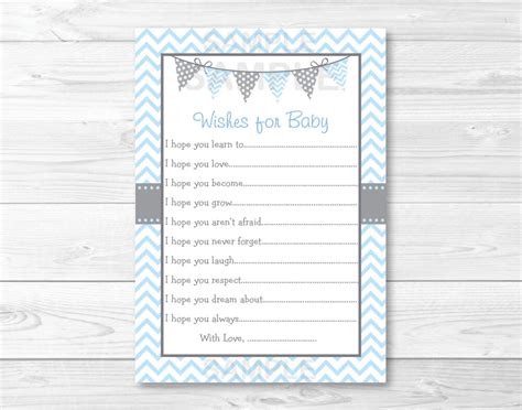 Free printable baby stats and predictions sheet with space to write advice to the mama and daddy to be! Modern Baby Blue Chevron Printable Baby Shower Wishes for ...