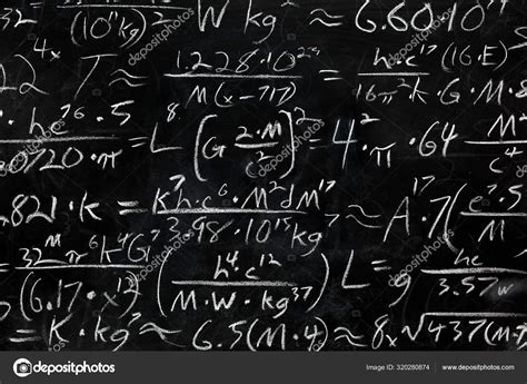 Math Equations And Formula Written In Chalk On Messy Chalkboard Stock