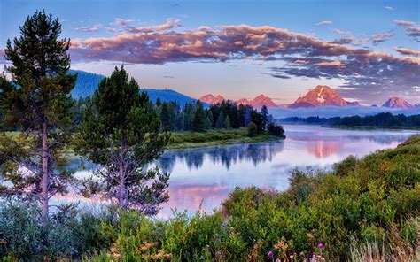 Download Wallpapers River Sunset Evening Spring Mountain Landscape