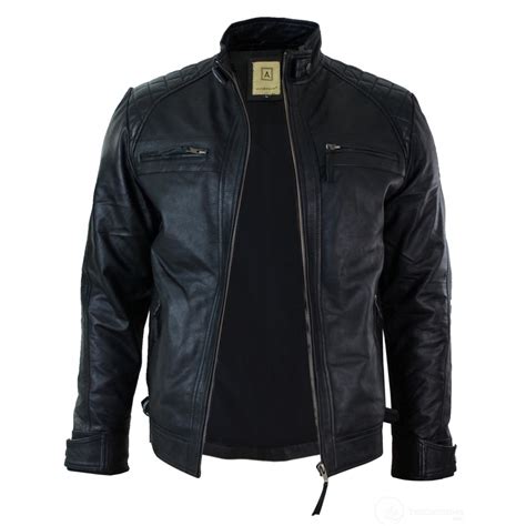 Real Leather Retro Style Zipped Mens Biker Jacket Soft Black Casual