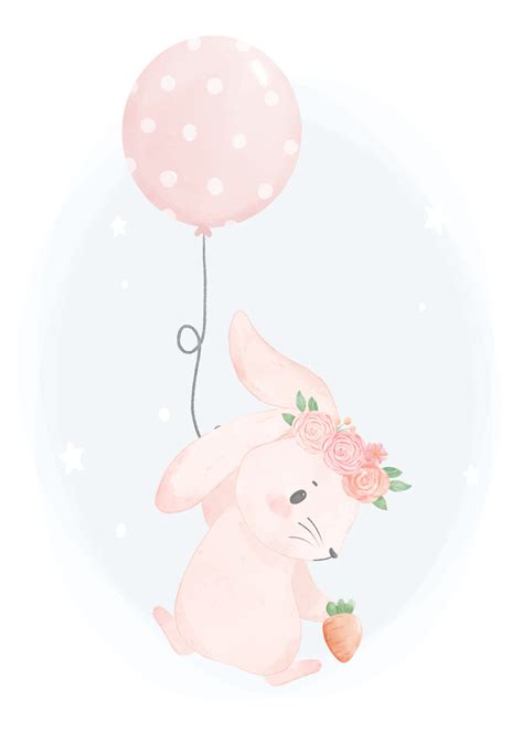 Cute Baby Pink Bunny Rabbit Floating By A Balloon Watercolor Animal