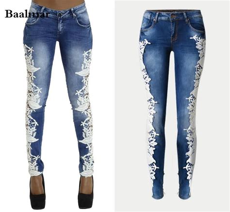 Baalmar Women Fashion Side Lace Jeans Hollow Out Skinny Denim Jeans Woman Pencil Pants Patchwork