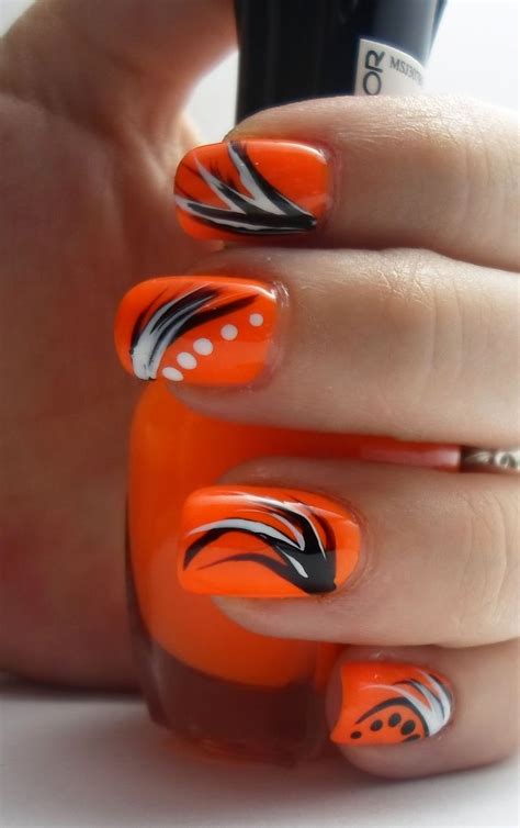 Neon Orange Nails With Black And White Stripes Design Nail Art Nail