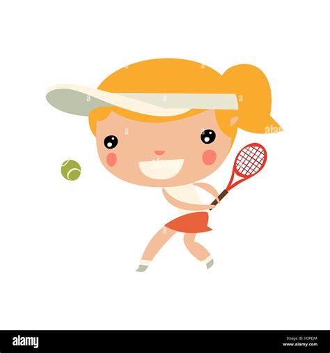 Girl Playing Tennis Cute Cartoon Sports Character Stock Photo