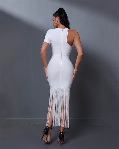 Ocstrade Brand White Bandage Elasticated Dresses Cut Out Long Tassel