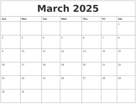 Next Year March Calendar 2025