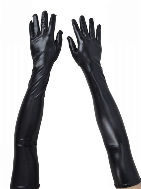 Women Cosplay Black Shiny Wet LOOK Faux Leather Long Gloves Best