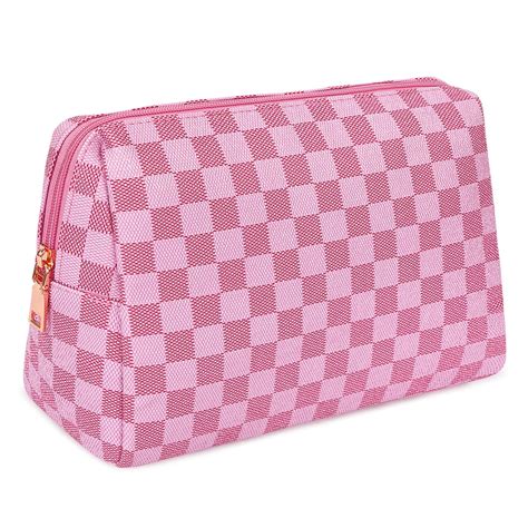 Travel Makeup Bag For Women Pink Checkered Cosmetic Pouch Vegan Leather