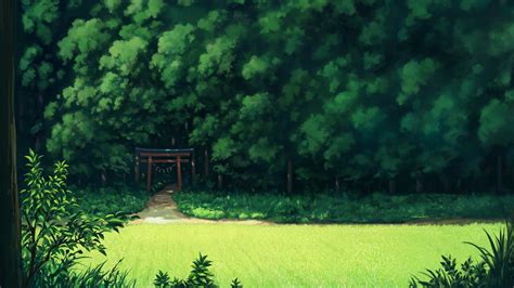 Download 2560x1440 Anime Landscape Forest Trees Grass Path Scenic