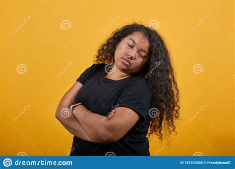 Serious Young Woman With Overweight Keeping Hands Crossed Closed Eyes Stock Image Image Of