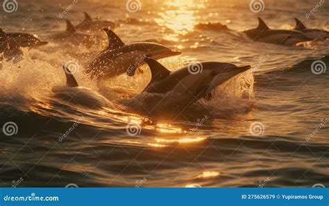 Playful Bottle Nosed Dolphins Jumping In Sunset Sea Generated By Ai