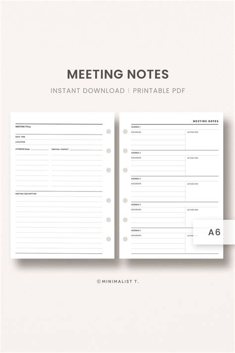 A6 Inserts Meeting Minutes Meeting Agenda Meeting Notes Discussion