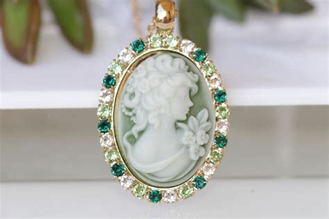 Victorian Green Large Cameo Necklace Women Romantic Cameo Etsy