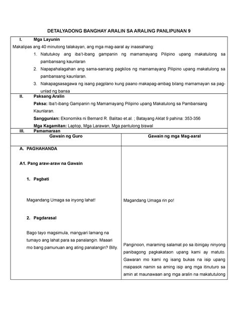 Detalyadong Banghay Detailed Lesson Plan In Araling Panlipunan Grade