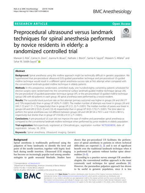 Pdf Preprocedural Ultrasound Versus Landmark Techniques For Spinal