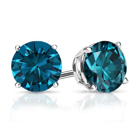 Blue Diamond Stud Earrings Round Blue VS In 18k White Gold 4 Prong