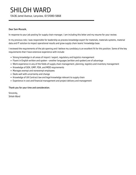Supply Chain Manager Cover Letter Velvet Jobs