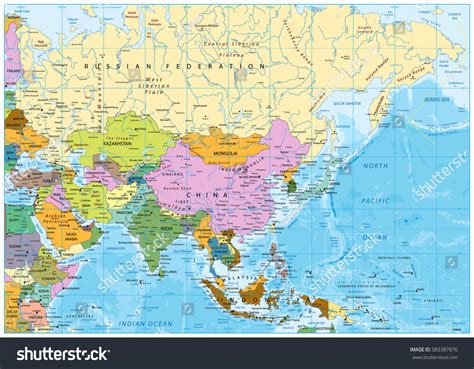Asia Political Map Rivers Lakes Elevations Arkivvektor Royaltyfri