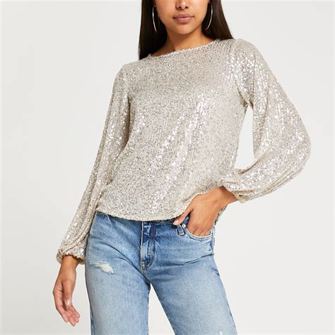 River Island Silver Long Sleeve Sequin Top In Grey Lyst Canada