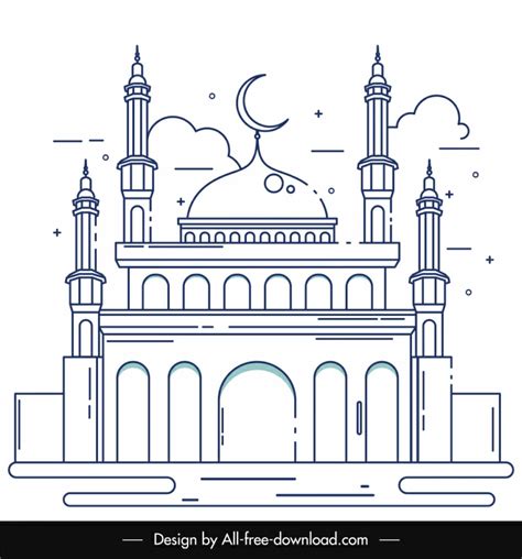 Islamic Mosque Building Template Flat Handdrawn Outline Vectors Graphic