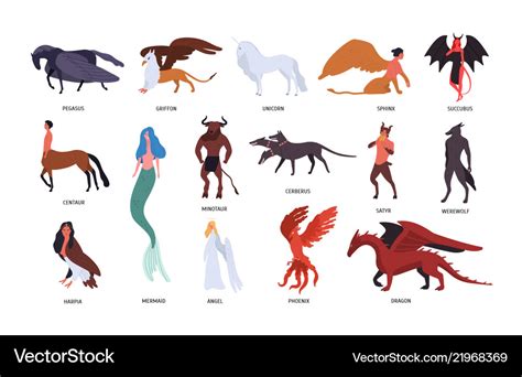 Collection Of Various Magical Mythical Creatures Vector Image