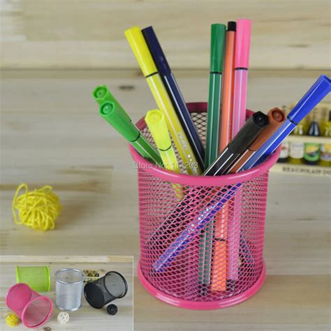 Metal Round Pen And Pencil Holder With Mesh Design Desktop Tidy Office