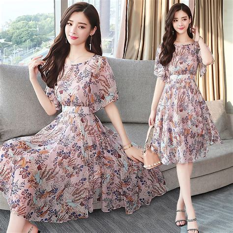 Buy Plus Size Summer Vintage Floral Chiffon Lady Boho Dress 2018 Korean Elegant