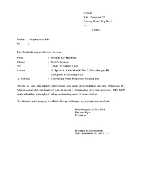 Contoh Surat pengunduran diri kerja yang baik dan benar word