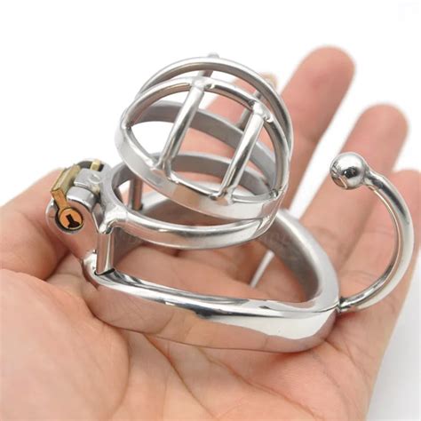 New Stainless Steel Stealth Lock Male Chastity Devices Short Cage With Base Arc Ring Cock