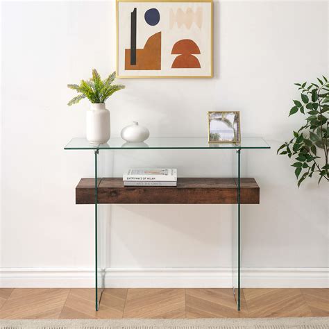 Ivinta Narrow Glass Console Table With Storage Modern Sofa Table Entry