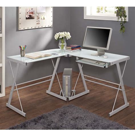 Walker Edison Soreno L Shaped Glass Computer Desk White With Frosted Glass D51w29