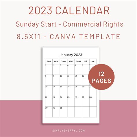 Editable 2023 Calendar Canva Template Blank Monthly Etsy