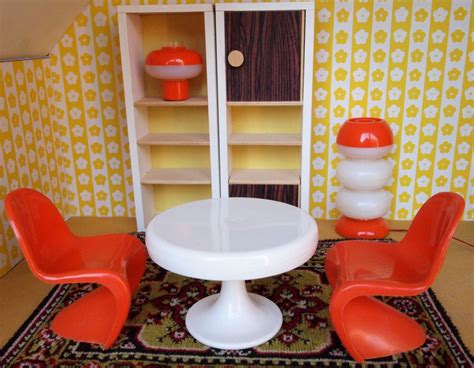 70s Look Tangerine Orange Panton Style Chairs Mod Lamps White Table